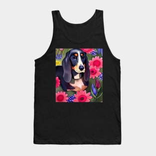 Basset Hound Dachshund Mix Basschshund Dog Puppy Whimsical Portrait Hiding in Wildflowers Secret Garden Digital Art Watercolor Painting Tank Top